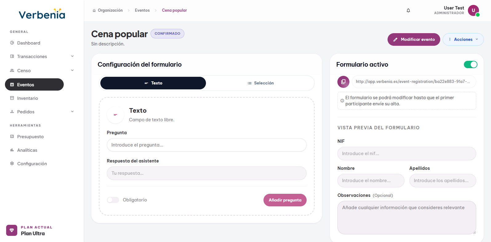 Gestión de formularios e inscripciones de un evento.